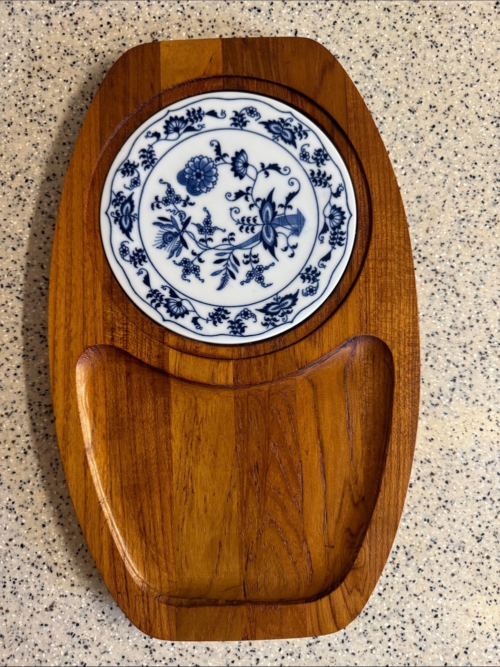 Vintage 70s Teak + Porcelain Blue Danube Oblong Cheese Tray by Dolphin